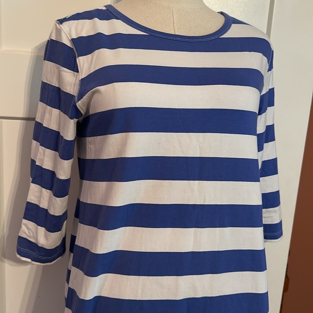 Tyler Boe Alexa white/corsican blue striped 3/4 sleeves cotton blend M dress - Picture 3 of 14